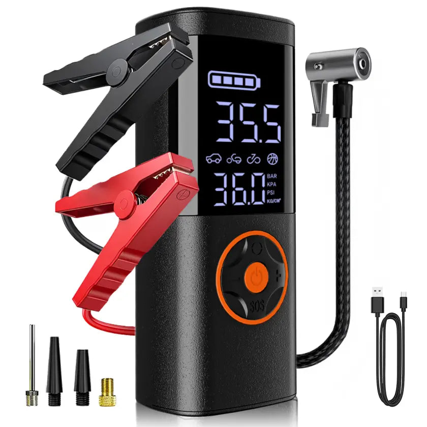 4-In-1 Car Jump Starter with Air Compressor, Tire Inflator, Portable Power Bank, Battery Booster Pack, LED Emergency SOS Light – All-In-One Roadside Kit for Dead Battery & Flat Tire