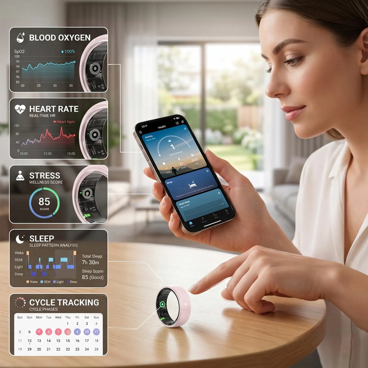 #6-#11 Pink & Black Ceramic Smart Couple Rings for Women & Men, Fitness & Sleep Tracker, Heart Rate & Stress Monitor, Cycle Tracking, IP68 Waterproof, 3–5 Day Battery, Ios & Android Compatible, with Charging Case